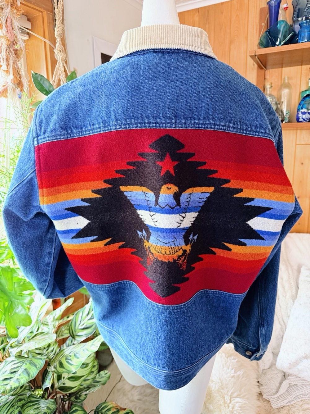 Vintage Pendleton Denim Jacket Southwestern Eagle Wool Blanket Panel Medium EUC